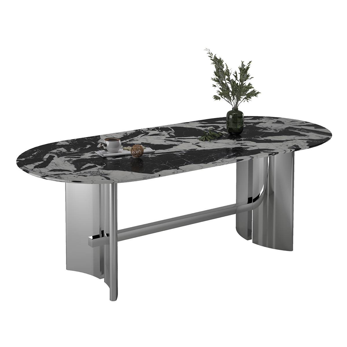 Dining table with mirror stainless steel base and decorative items
