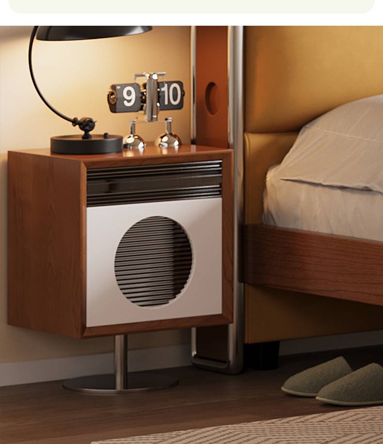 Close-up of the bedside table and bed frame detail