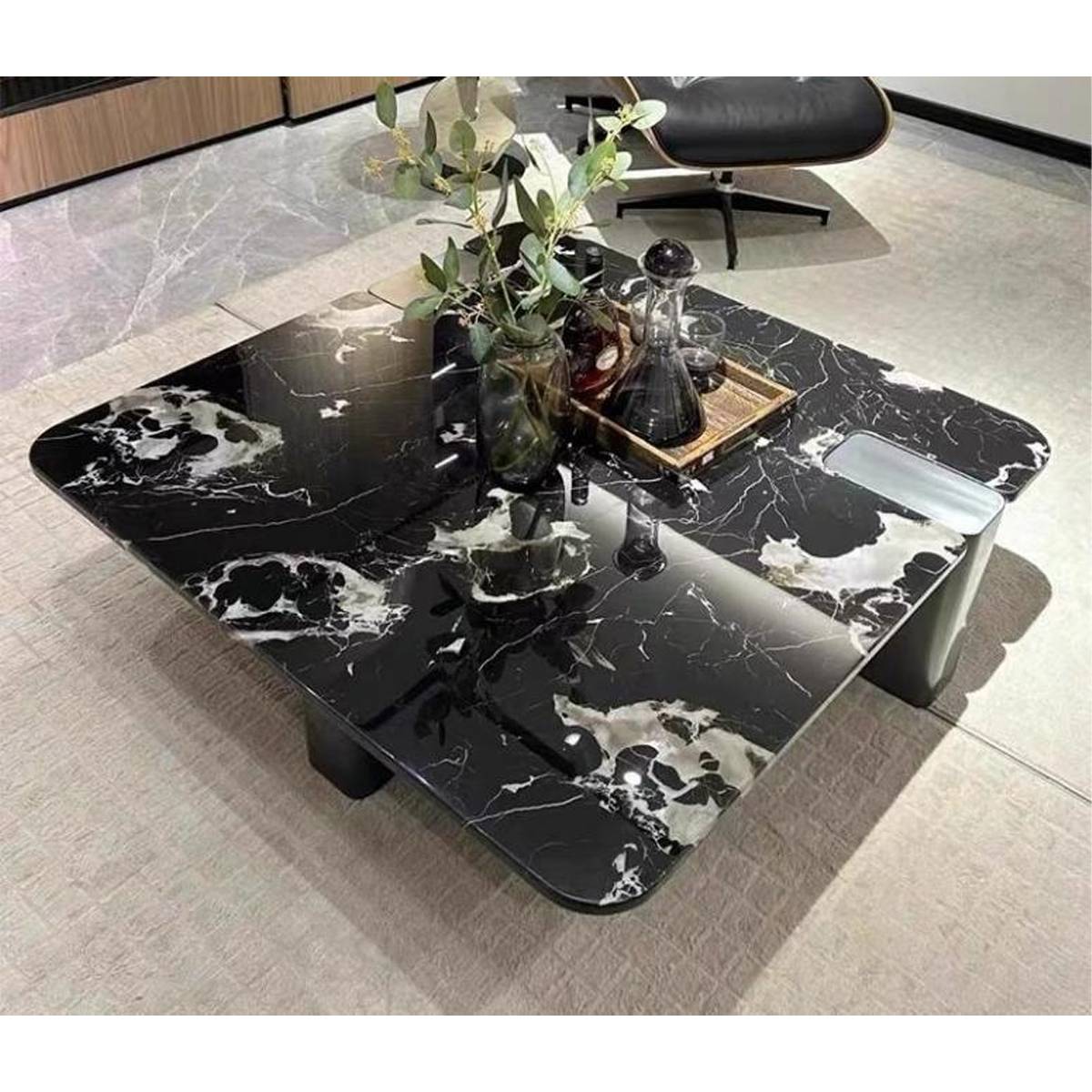 Top-down view of coffee table with decorative items