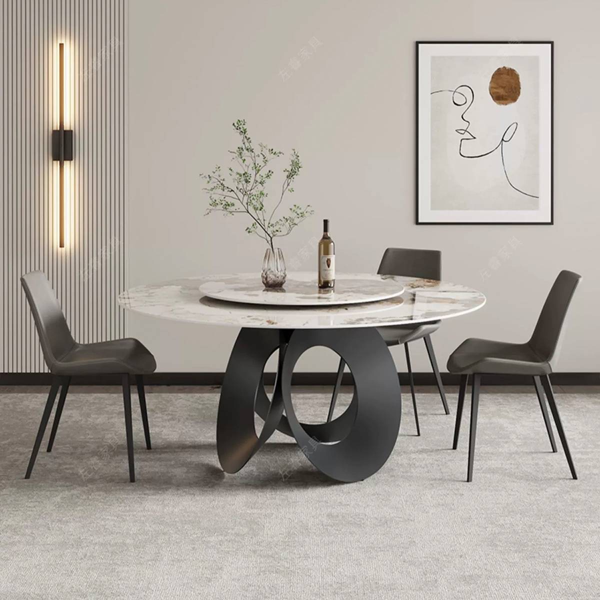 White marble pattern round dining table with carbon steel base