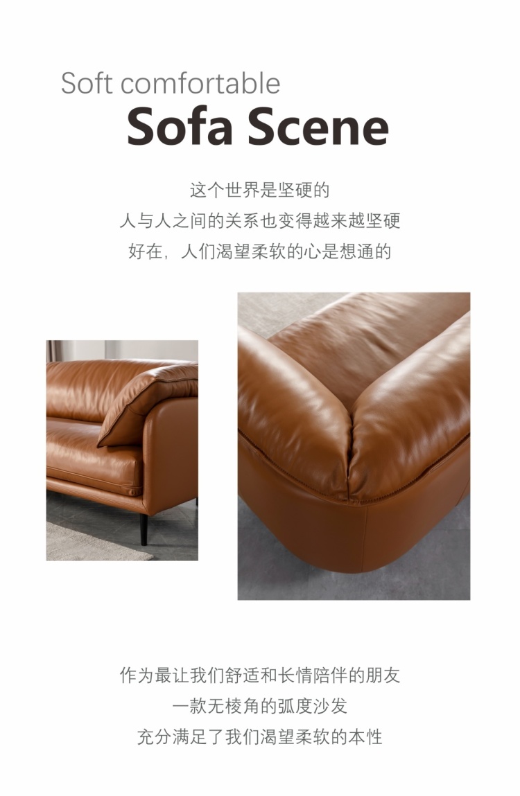 Marketing text describing the sofa as a soft companion with a rounded, corner-free design.