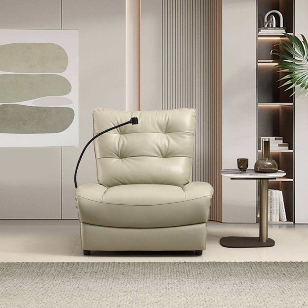 Front view of the beige leather electric recliner in an upright position