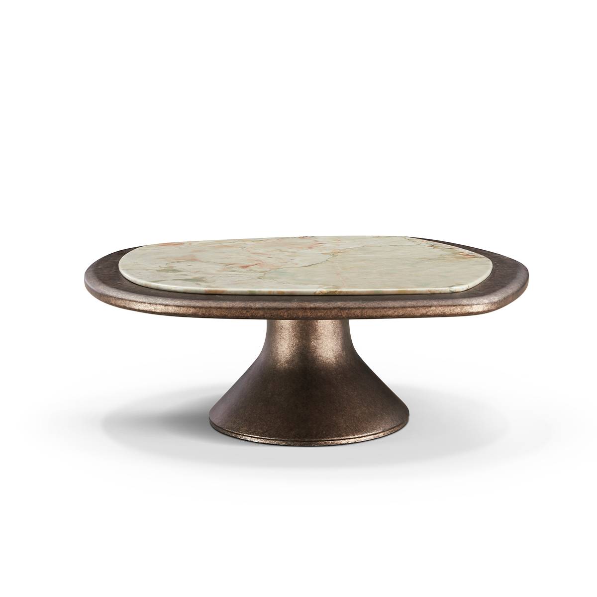 Side view of the larger coffee table showing the metal base and marble top