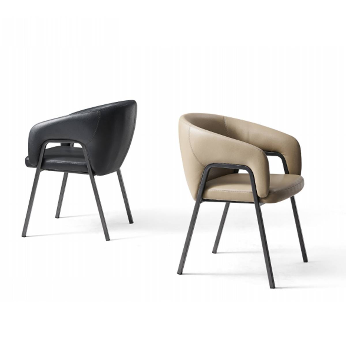Side view of a khaki modern dining chair with a carbon steel frame and eco-leather upholstery