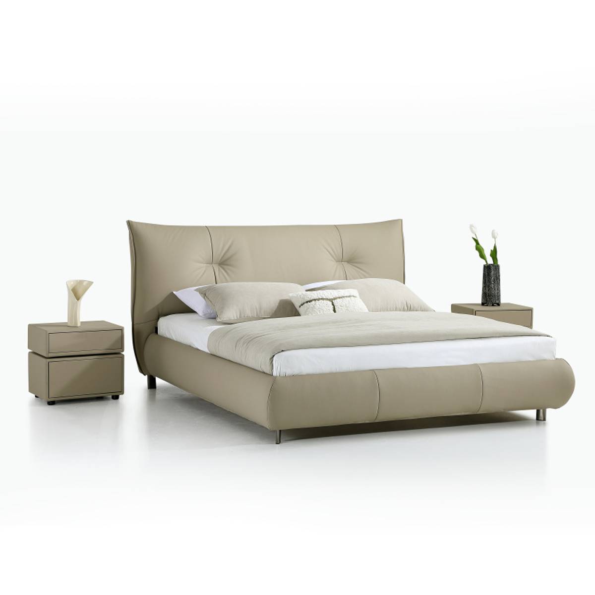 Side angle view of the beige leather bed frame and headboard