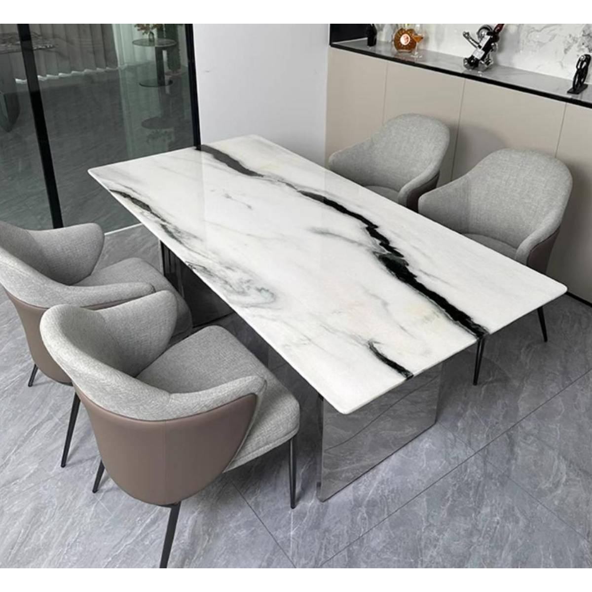 Panda White Natural Marble Luxury Stone Dining Table with Stainless Steel Mirror Finish Linha Base (Z60-S51)