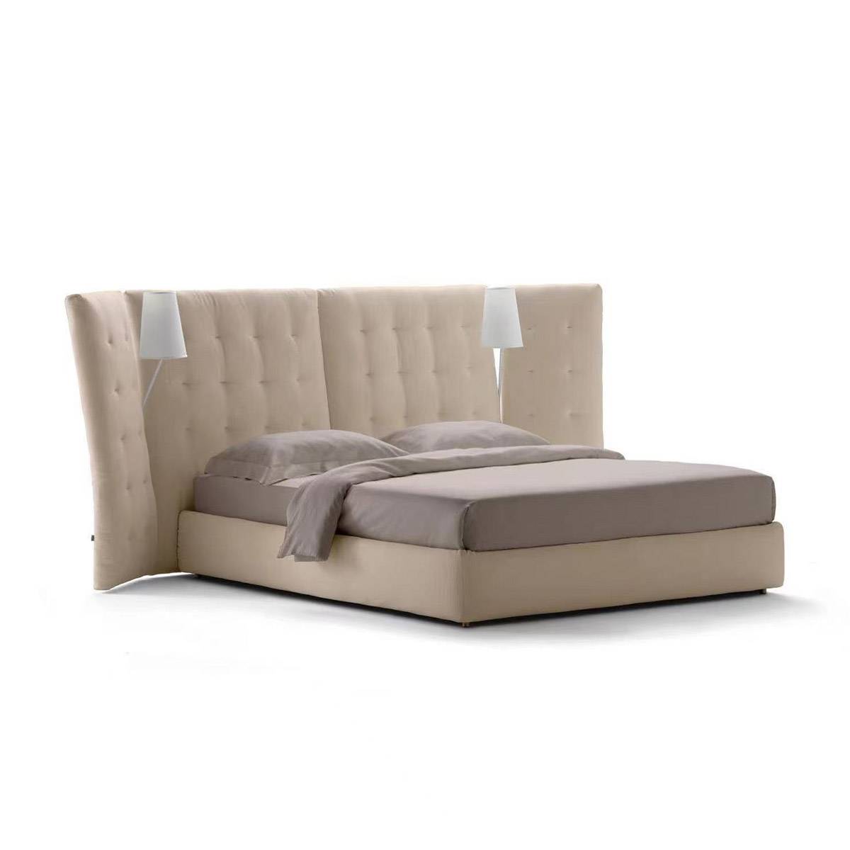 Black fabric bed with tufted headboard and integrated lamps, showing slat base