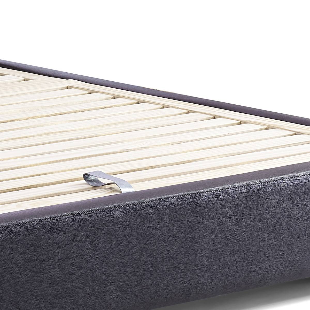 Close-up detail of the wooden slats and leather frame edge