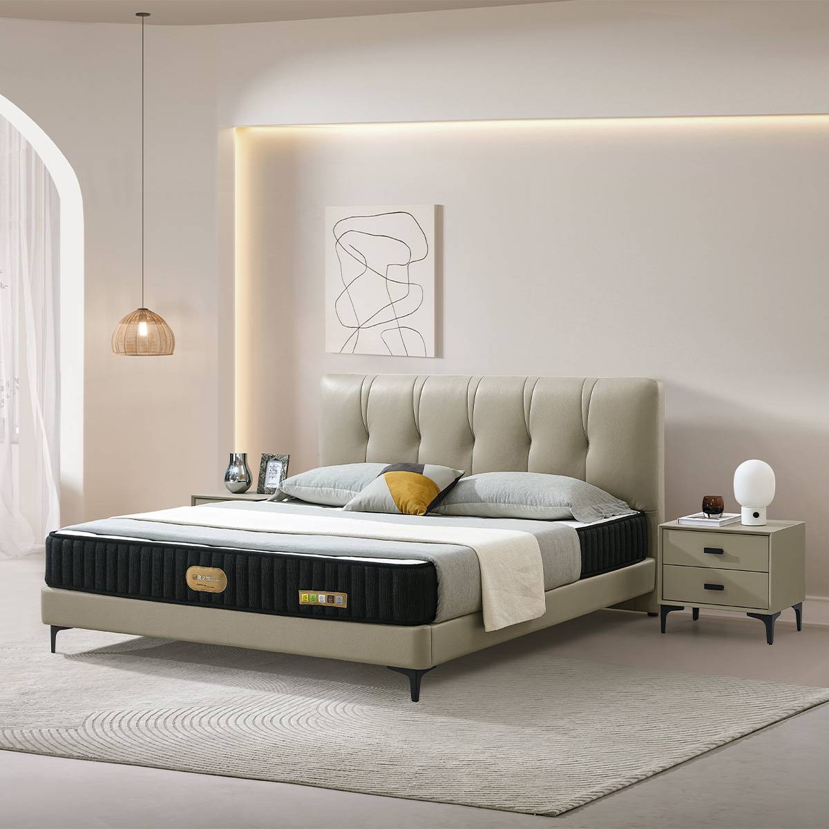 Full view of the beige leather bed in a modern bedroom setting