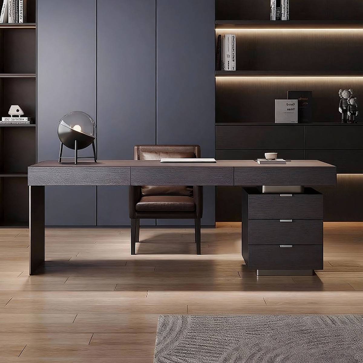 Front view of the desk showing the drawers and integrated power strip