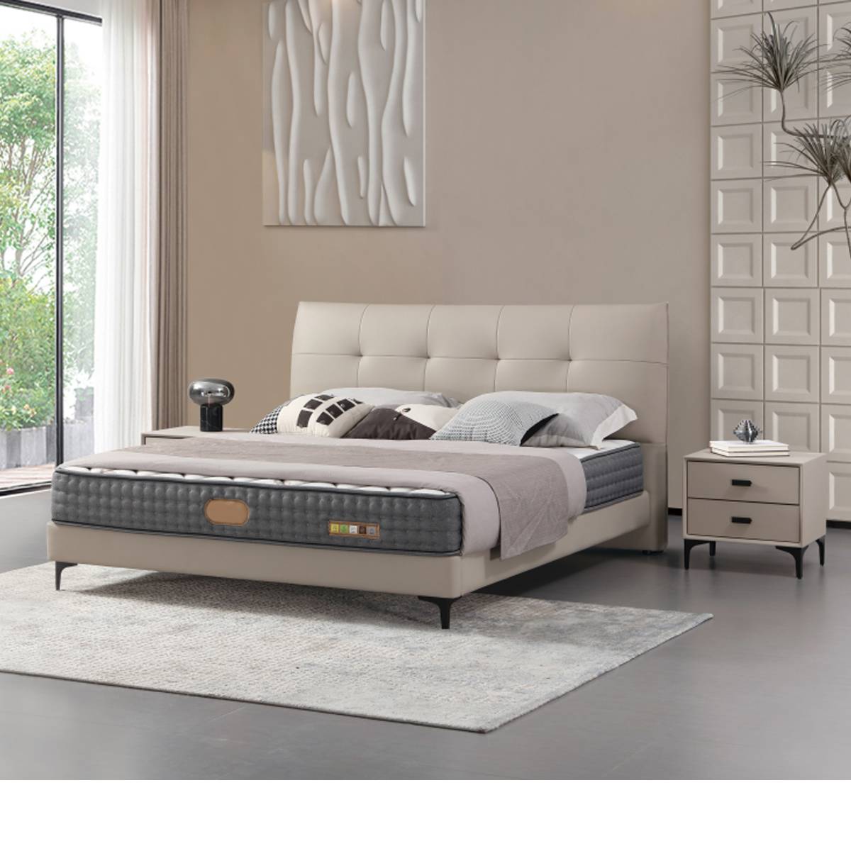 Full view of the beige modern bed in a bedroom setting