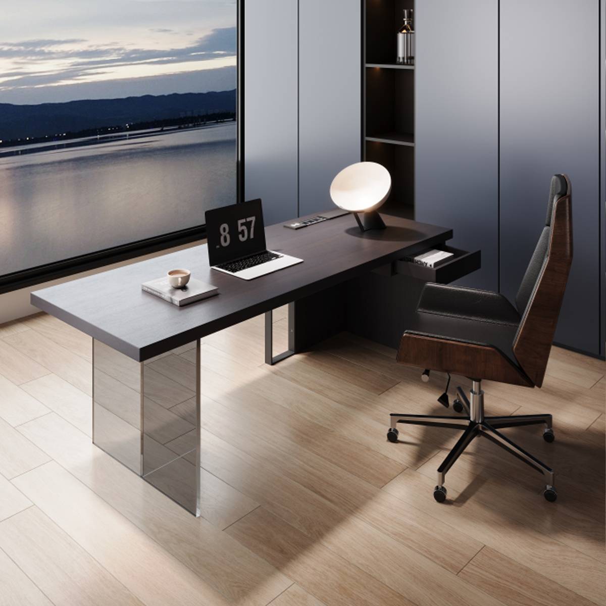 Angle view of the desk showing the drawer and power strip