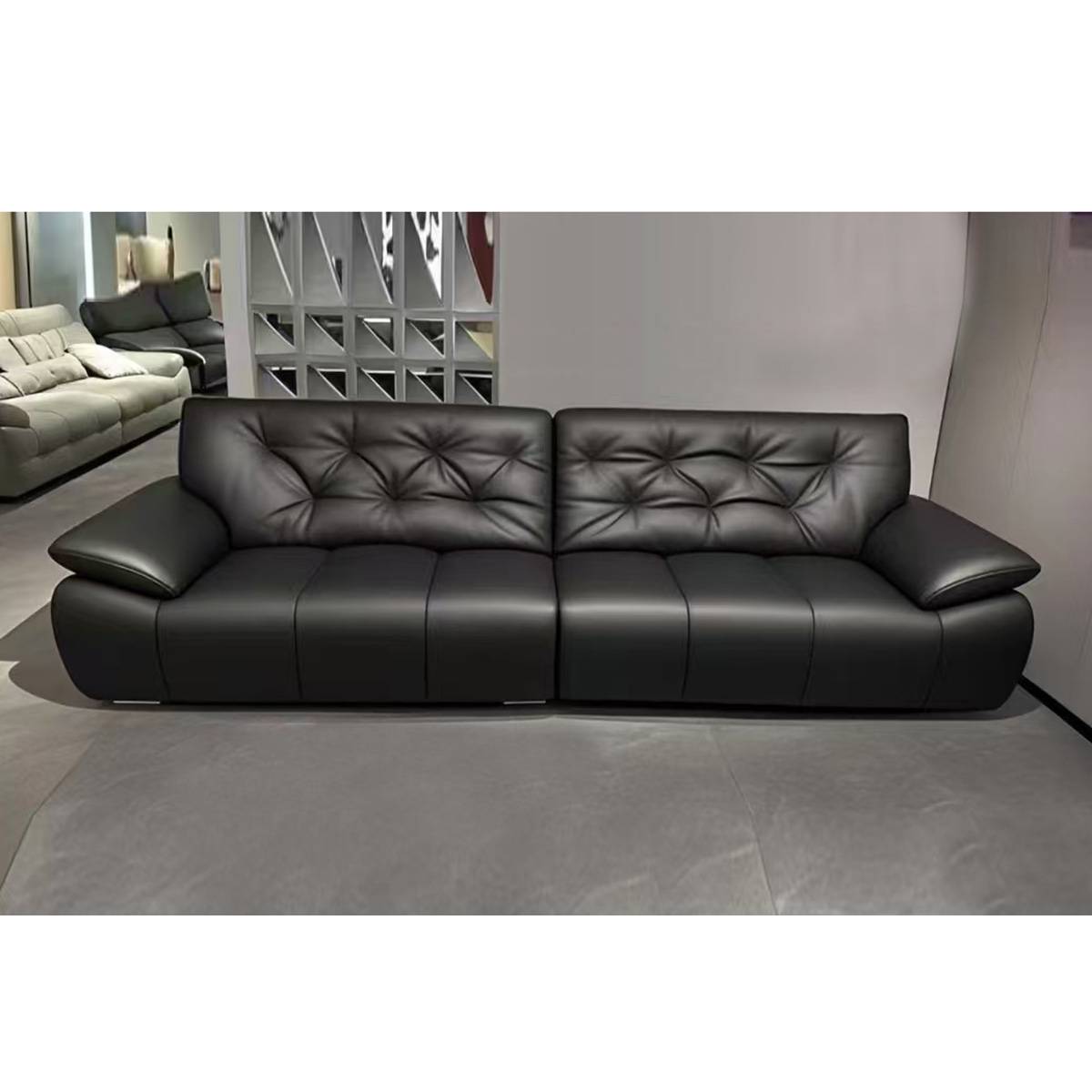 Black leather straight row sofa with tufted backrest