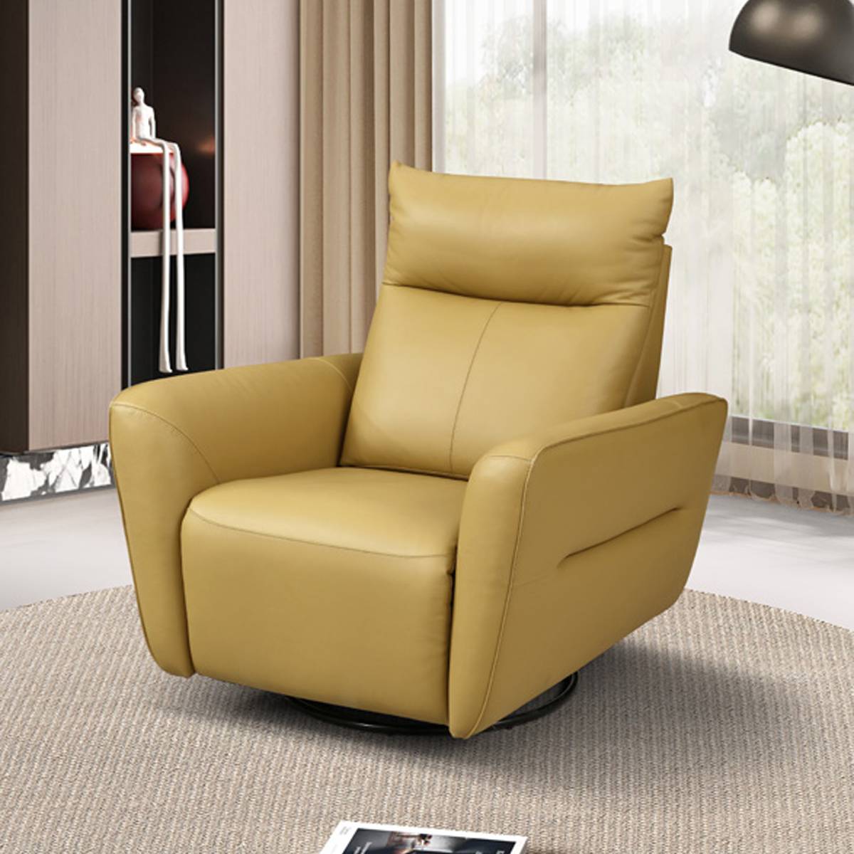 Yellow leather manual recliner swivel chair in upright position