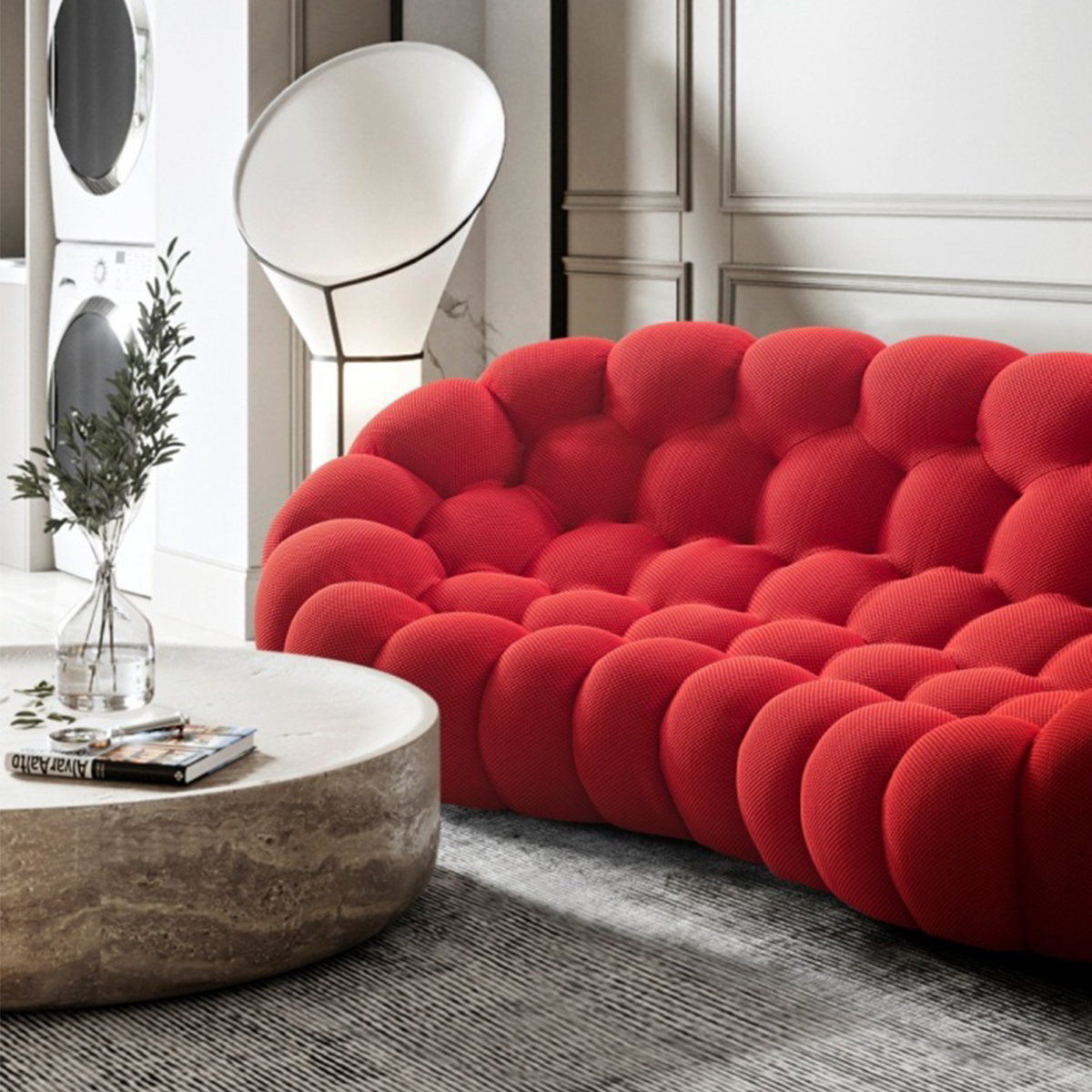 Red bubble sofa in a modern living room setting