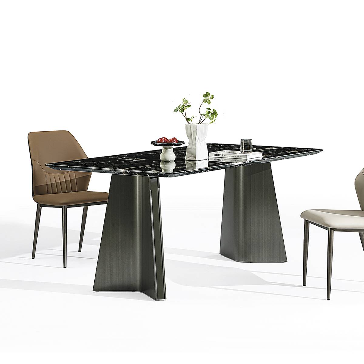 Side view of black marble dining table showing stainless steel base