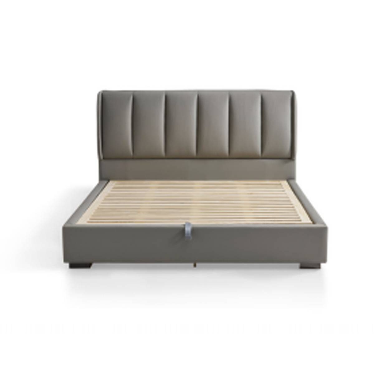 Front view of the bed frame showing the tufted headboard and storage handle