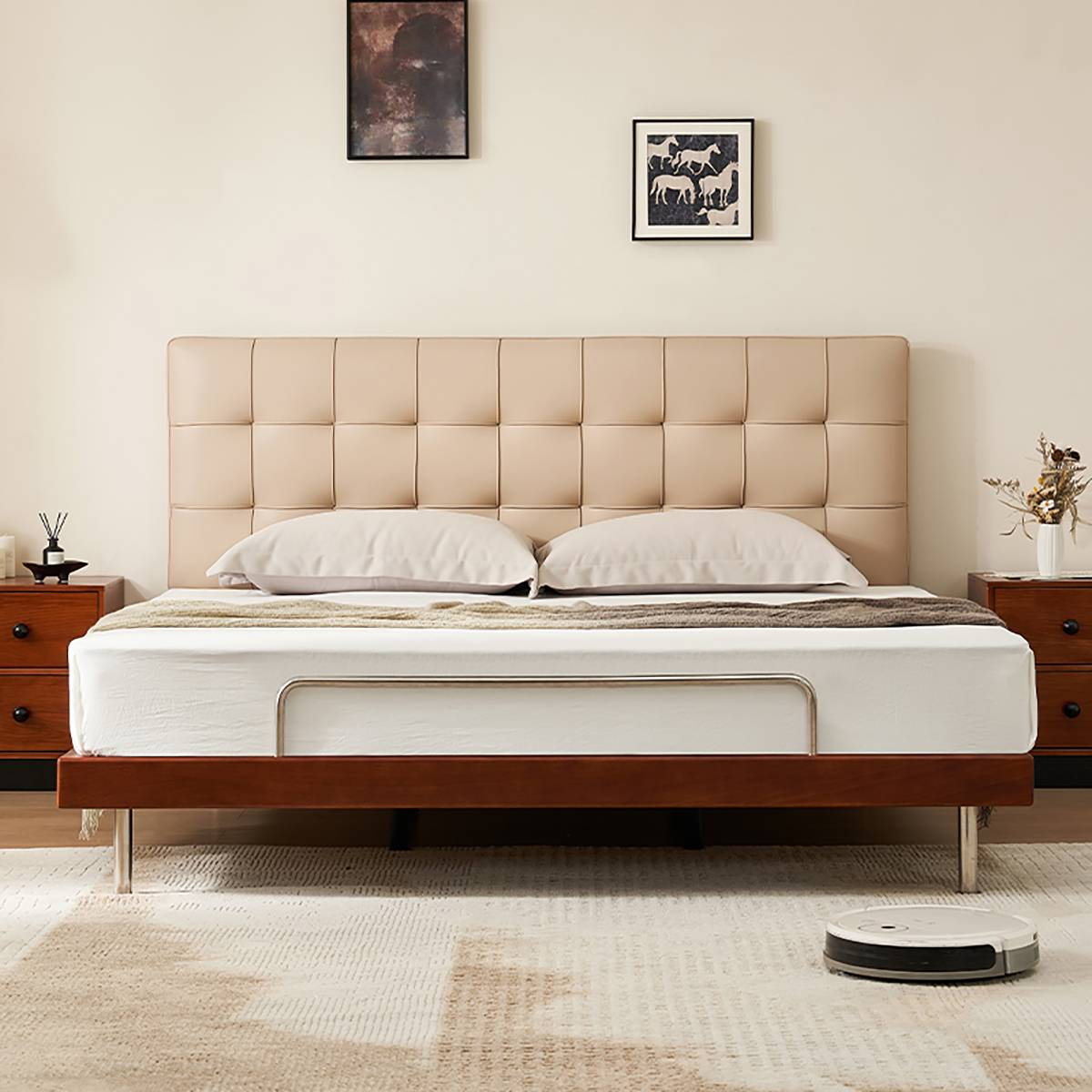 Front view of the bed with a beige waffle-tufted headboard and walnut frame