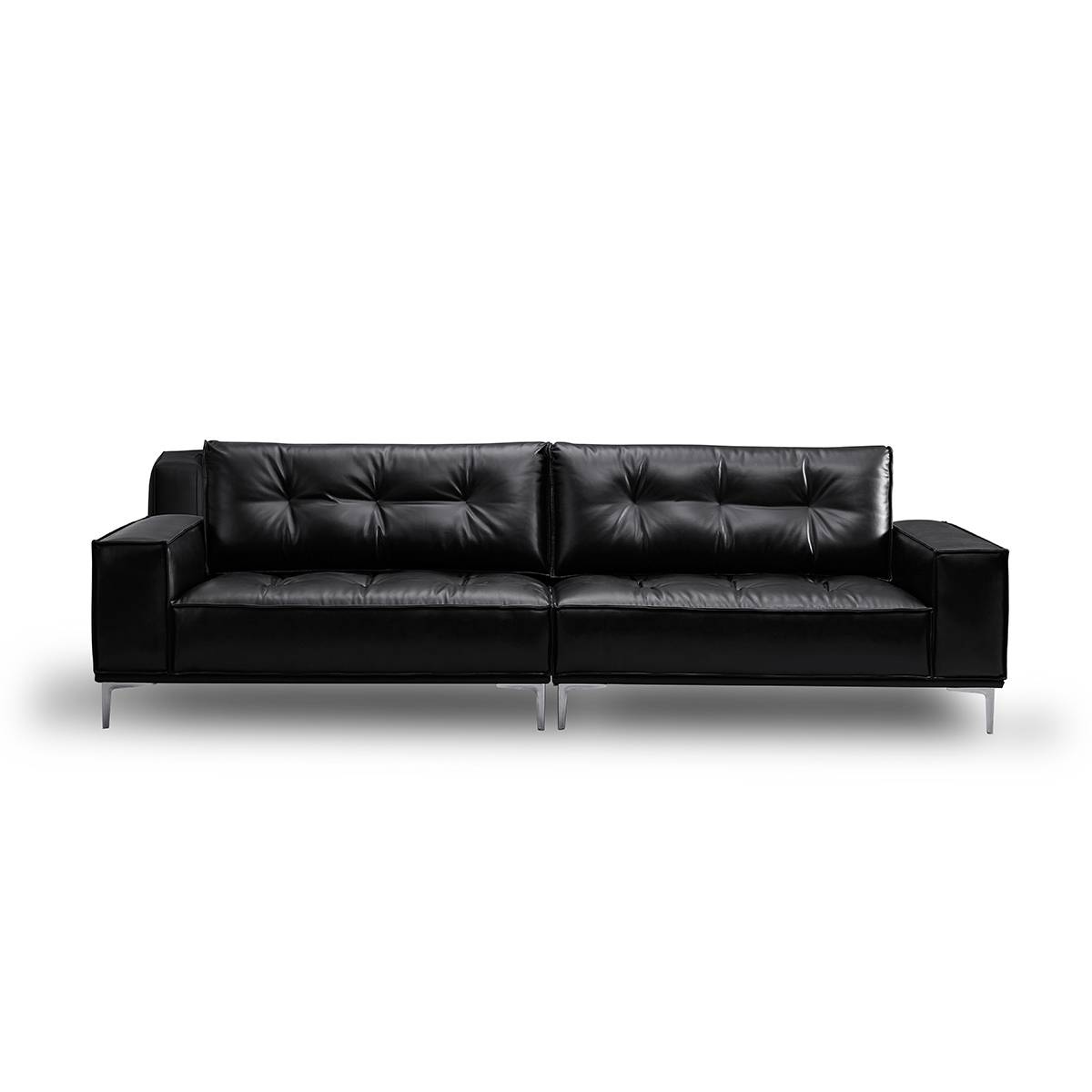 Front view of black leather sofa showing symmetrical design
