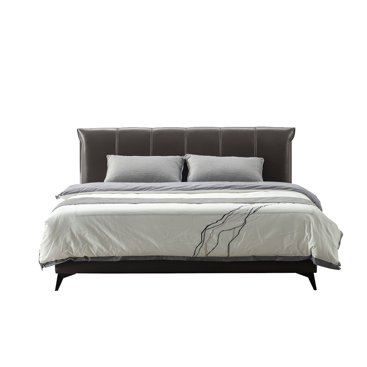 Front view of the modern leather bed frame showing the tufted headboard details