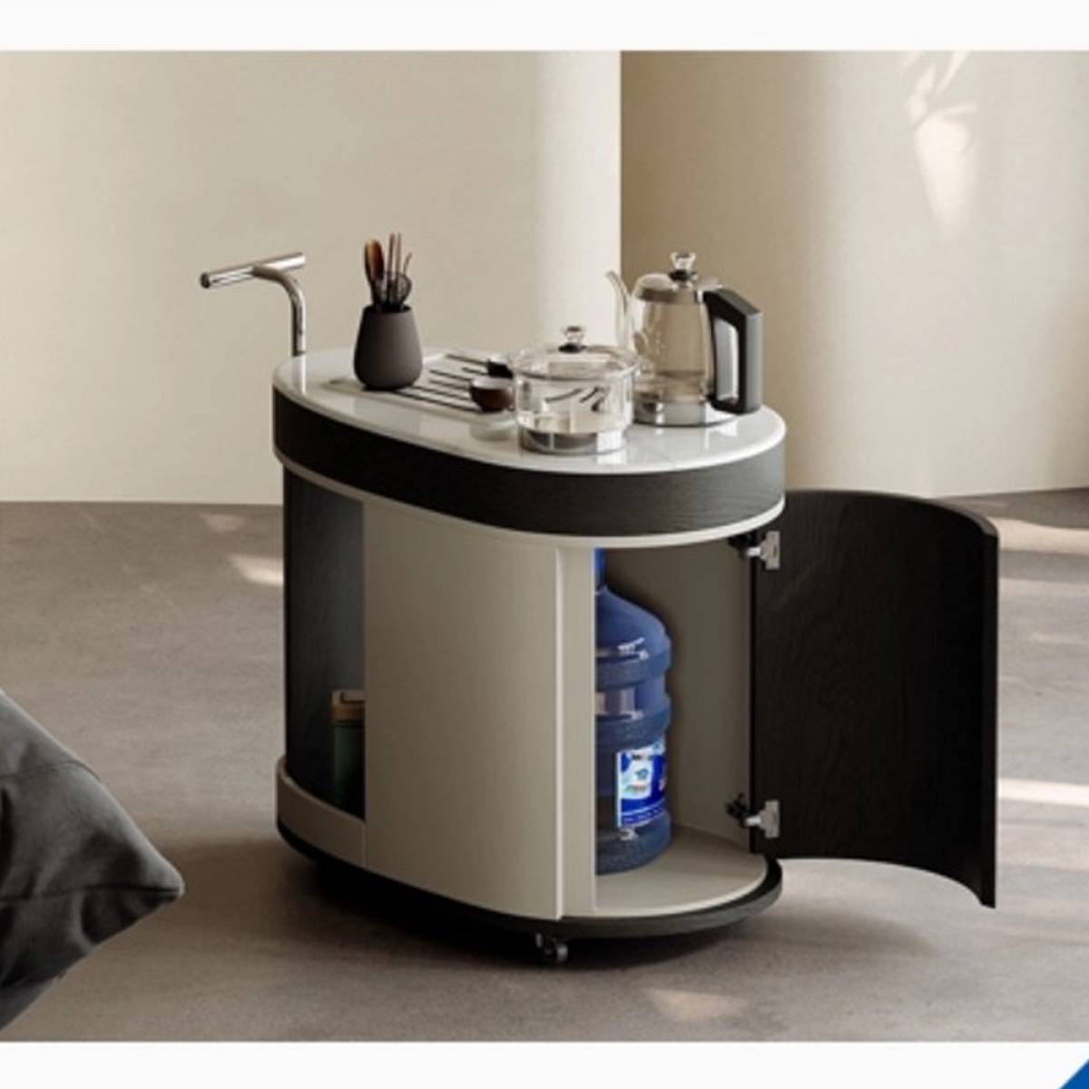 Side view of the tea cart with cabinet door open showing water bottle storage
