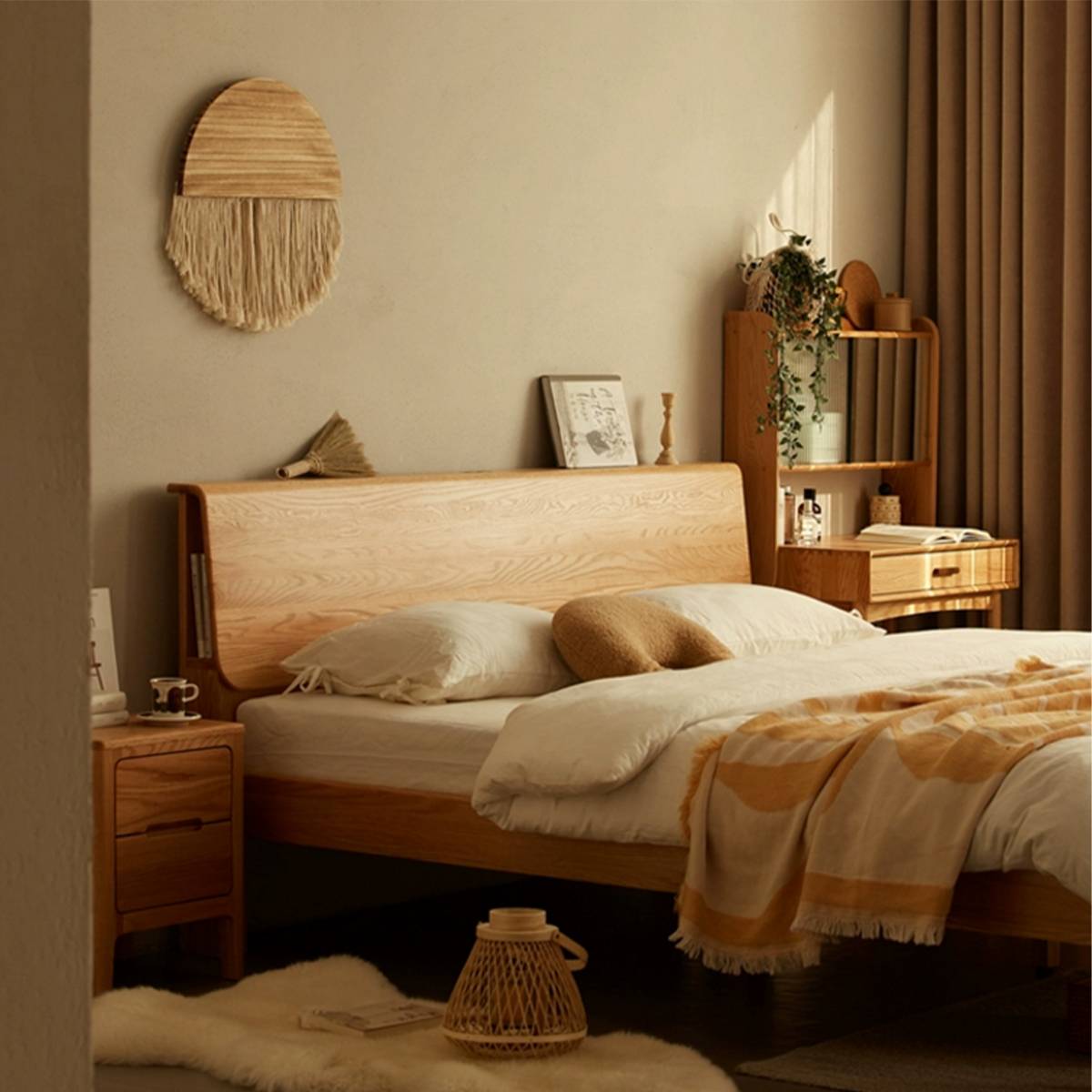 Close-up of the bed headboard and side table arrangement