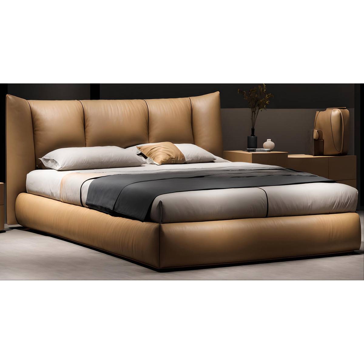 Babylon leather bed in a modern bedroom setting with beige upholstery and grey bedding