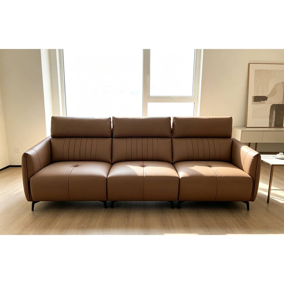 Front view of the brown eco-leather sofa showing the three-seat configuration and tufted back cushions