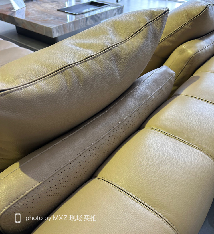 Close-up of the sofa upholstery showing leather texture and stitching